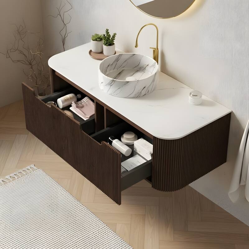 Floating Bathroom with Round Ceramic Basin and Storage Drawer