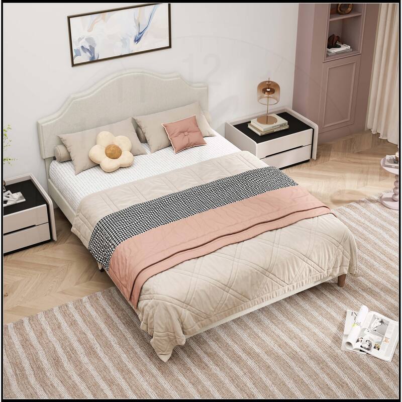 Linen Fabric Padded Platform Bed with Adjustable Headboard - Queen