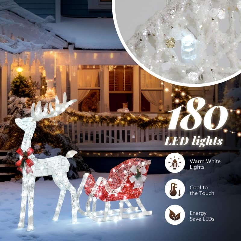 4ft Christmas Reindeer & Sleigh Outdoor Yard Decoration Set with LED Lights