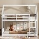 preview thumbnail 2 of 10, Twin over Twin House Floor Bunk Bed w/ Headboards, Footboards and Ladder, Rubber Wood Bunk Bed w/ Safety Guardrails, White