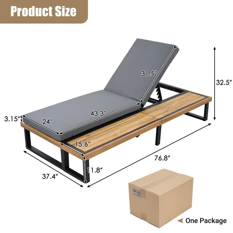 Outdoor Lounge Chair Set of 2 with 5 Position Adjustable Backrest, Iron Patio Loungers Recliners with Wood Side Table