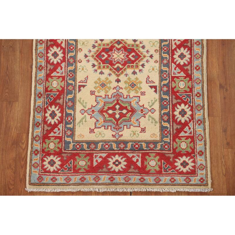 Geometric Yellow Kazak Accent Rug Handmade Traditional Wool Carpet - 2'8" x 4'0"