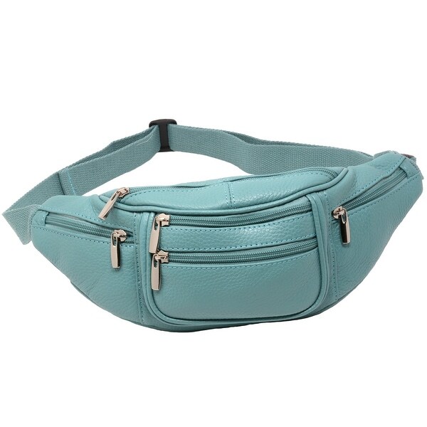 blue leather fanny pack
