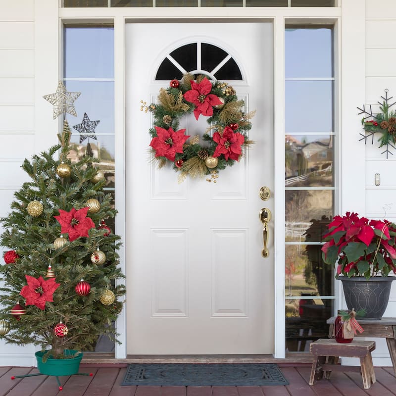 Poinsettias and Ball Ornaments Artificial Christmas Wreath - 24-Inch Unlit - 24"