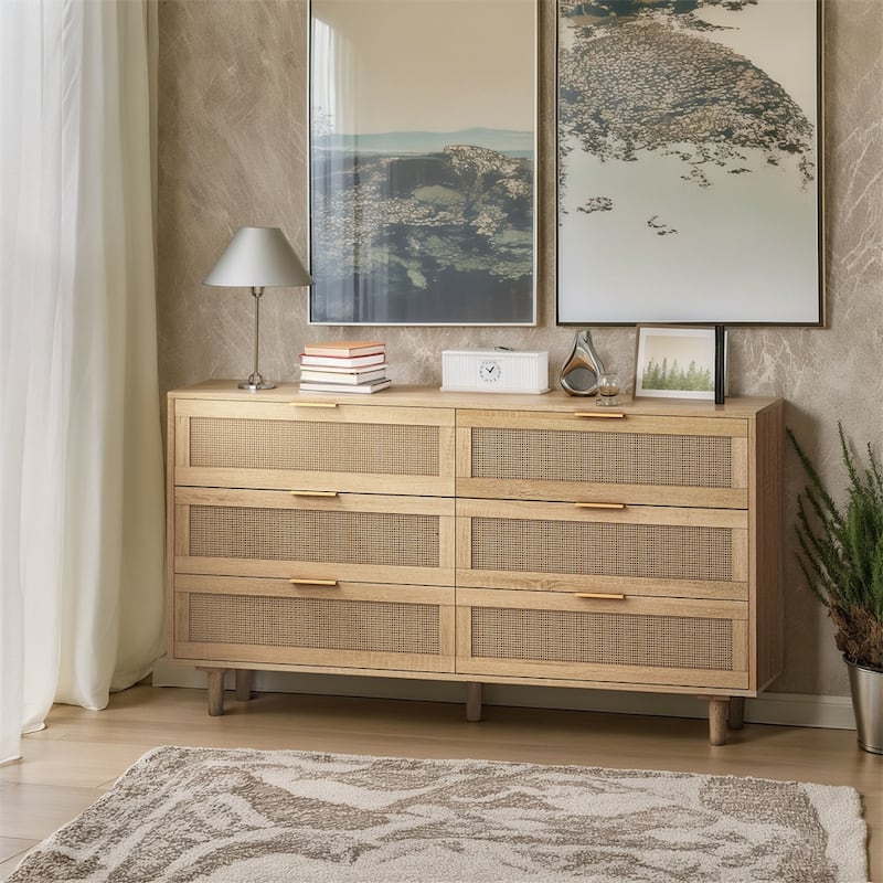 6 Drawers Rattan Storage Cabinet with Legs - Natural