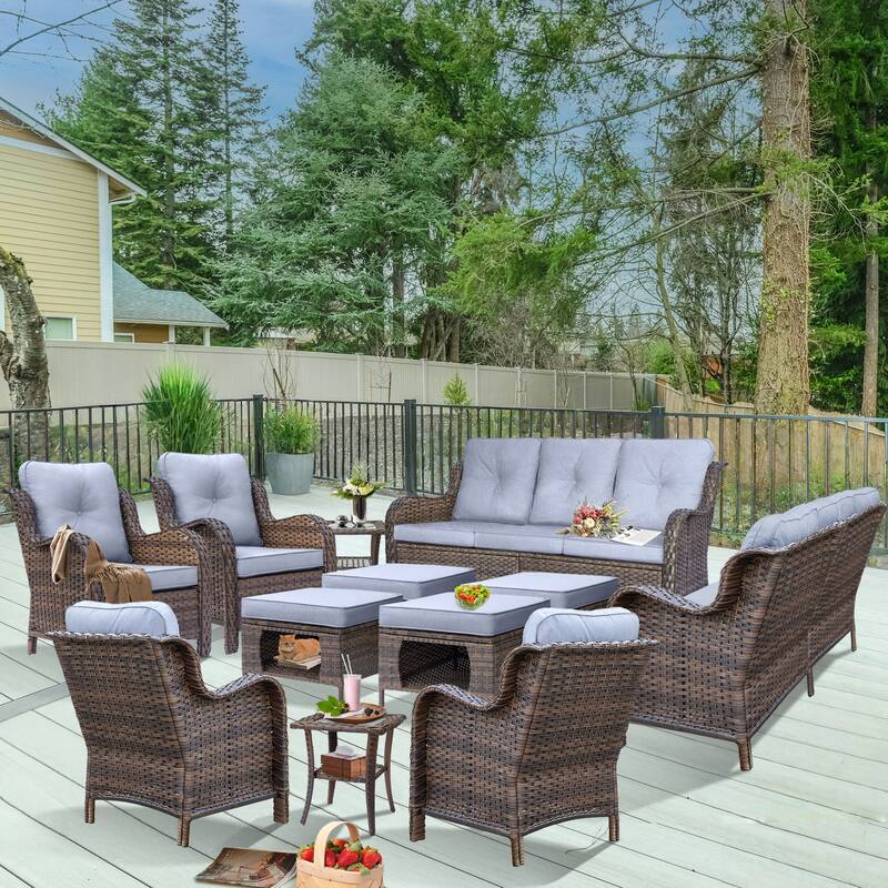 Brown Wicker Outdoor Patio Furniture Sofa Set with Denim Blue Cushions