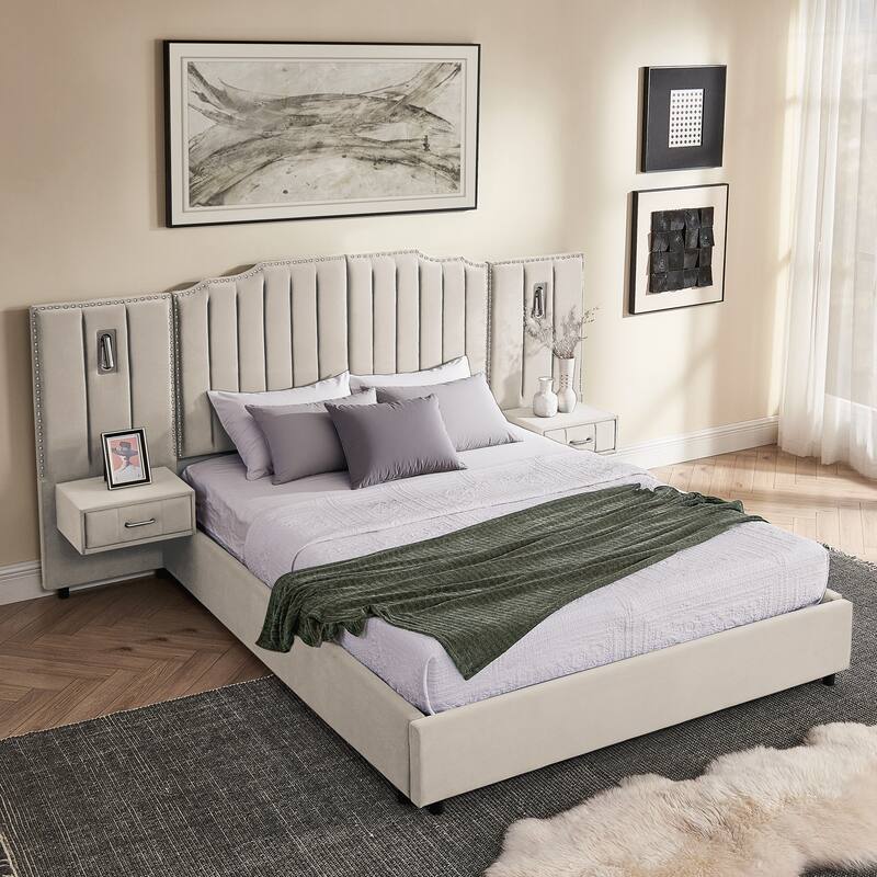 Queen Size Upholstered Bed Frame , Vertical Stripe Design with Buttons Around Platform Bed with Headboard