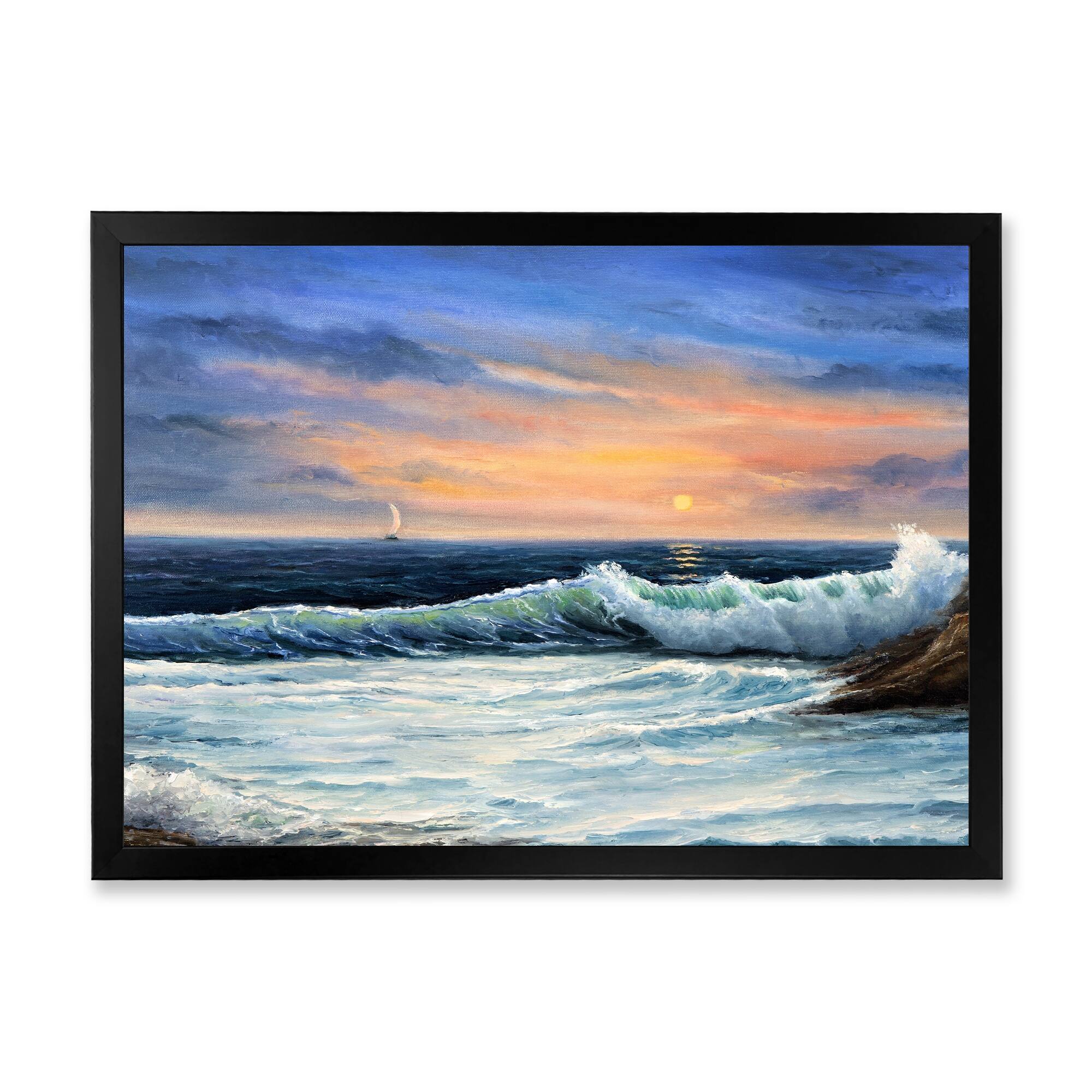 Designart "Sunset Over Beach" Nautical & Coastal Framed Art Print Bed