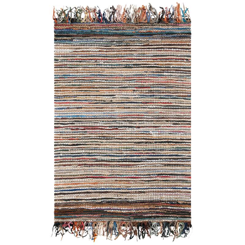 SAFAVIEH Handmade Vintage Boho Leather Zhanna Modern Stripe Leather Rug with Fringe