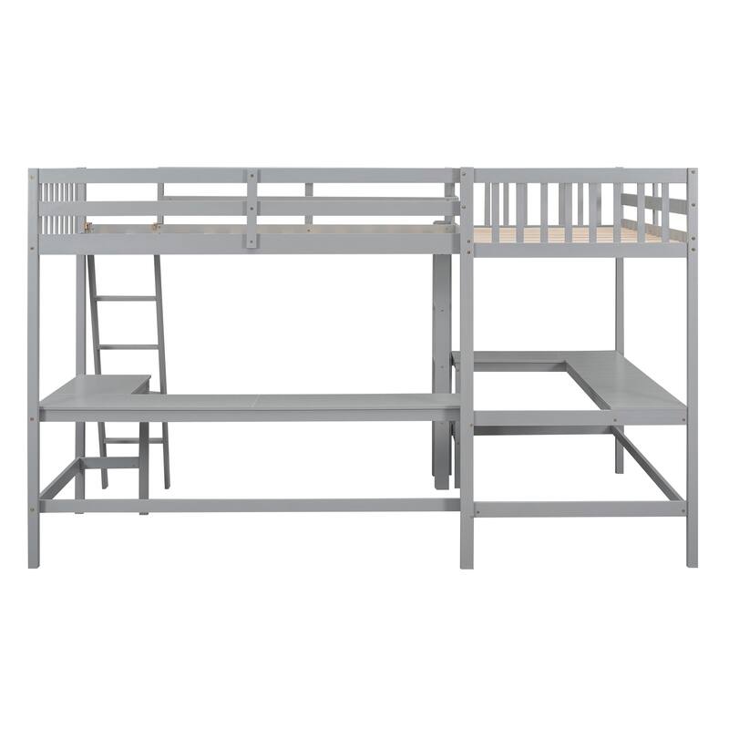 Wood Twin L-Shaped Loft Bed with 2 Desks and Ladder, No Box Spring Needed, Perfect for Study or Play Area