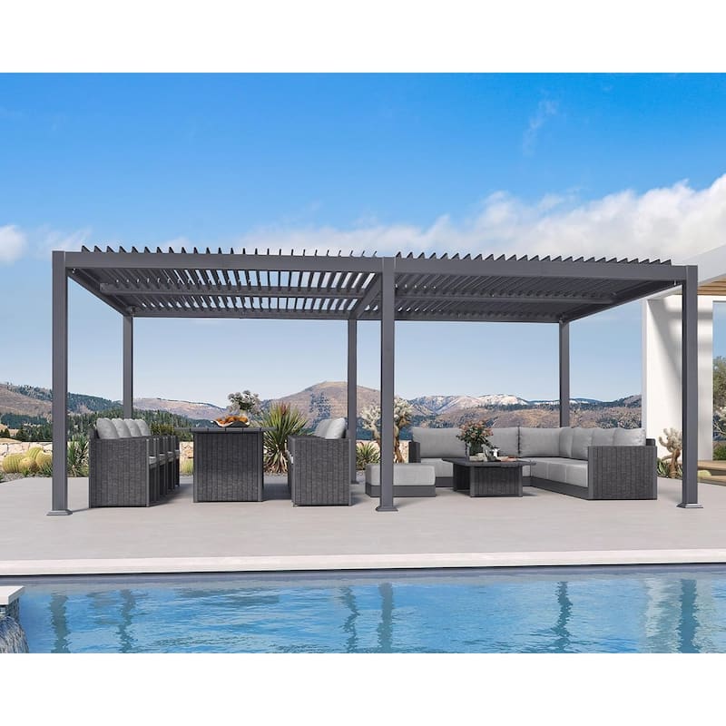 PURPLE LEAF Louvered Pergola Sun Shade Shelter with Adjustable Metal Roof for Patio Hardtop Pergola - 13' x 20' - Grey