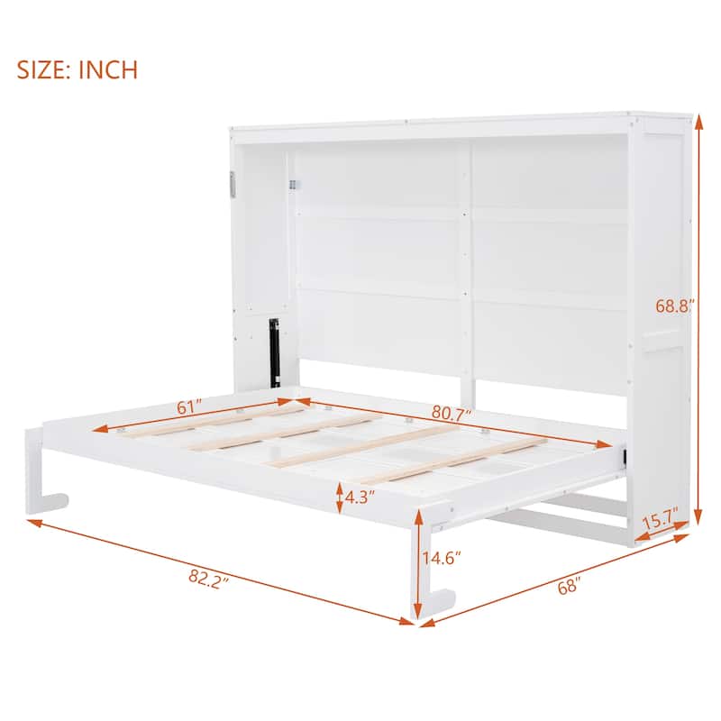 Full/Queen Size Murphy Wall Bed with Folding Cabinet, Piston Lift Mechanism, Slatted Base, Space-Saving Design