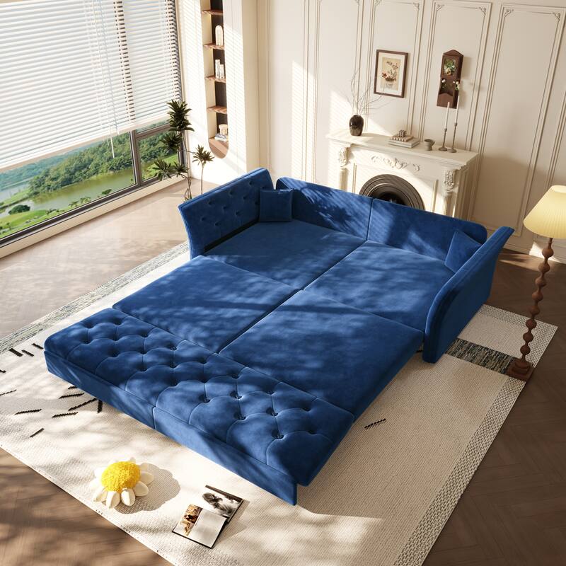 74.4" Velvet Sofa Bed, Pull-Out Sleeper Couch, Convertible Loveseat, Upholstered Sofa Bed with Tufted Backrest, Flared Arms