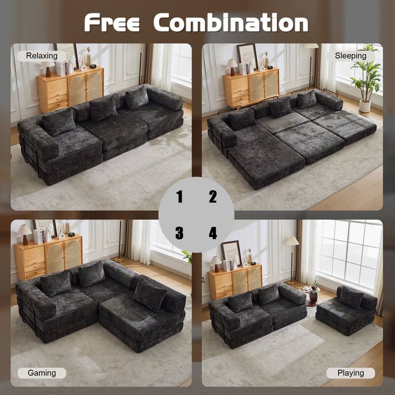 Free Combination Lazy Folding Sectional Sofa Chenille Modular Sleeper Sofa Bed Floor Standing Compression Mattress