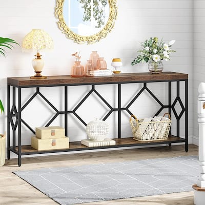 70.9 Inch Sofa Console Table with Open Storage Shelf, Industrial Narrow Extra Long Sofa Tables Entry Table Behind Couch Table