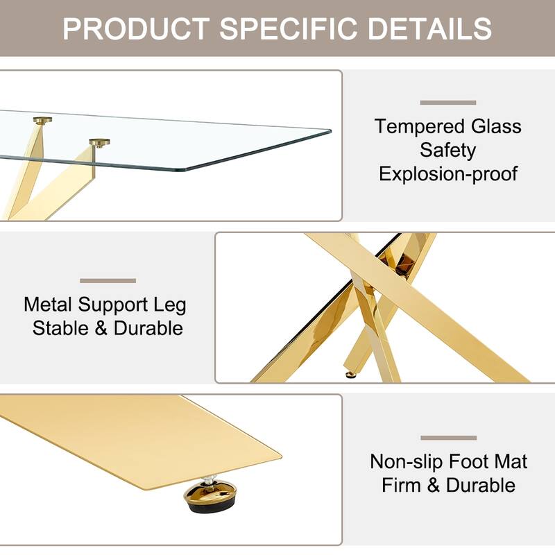 Large Modern Minimalist Rectangular Glass Dining Table with 0.3"Tempered Glass Tabletop and Gold Metal Legs, for 4-6 people