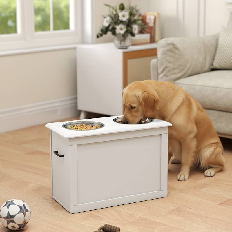 PawHut Dog Feeding Station with 2 Stainless Steel Bowls for Large Dogs - 23.5"L x 11.75"W x 16.25"H - White