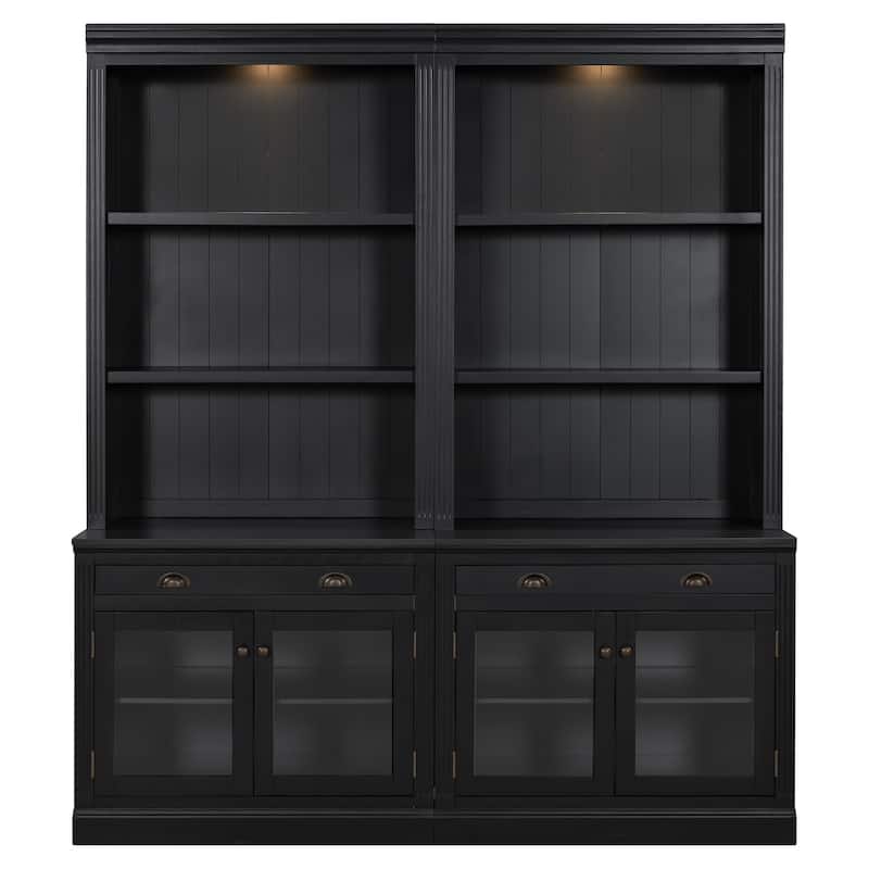 83.4" Modern Bookshelf Suite with LED Lights, Glass Doors, Drawers & Open Shelves, 2-Piece Storage Bookcase Set for Home Office