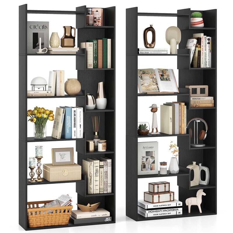 1/2PCS Display Shelf Storage Shelving Unit w/Staggered Shelves - Black - 2PCS