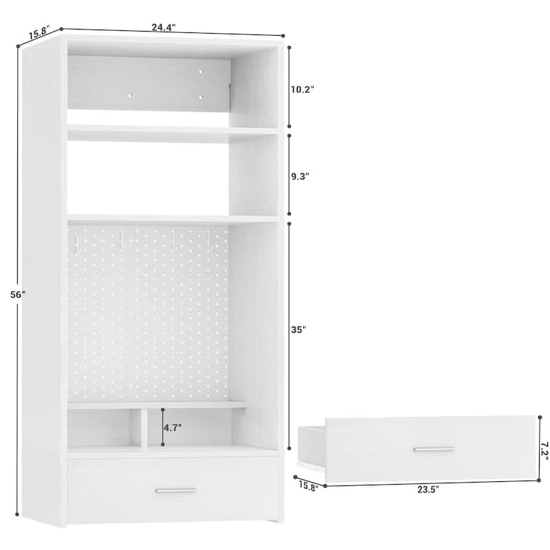 25'' W Hanging Closet System with Vanity Desk, Closet Organizer with Wood Drawer and Storage Shelves and Magnetic Pegboard