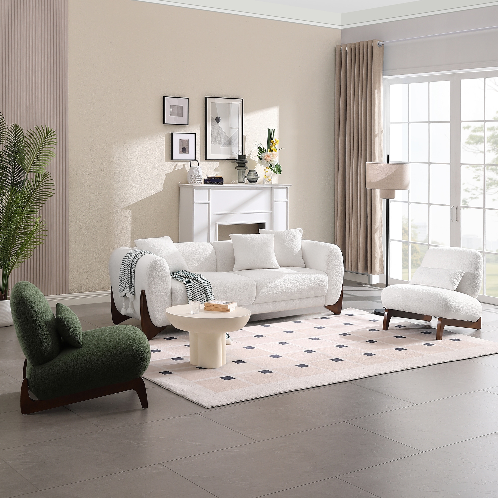 3 Pieces Boucle Sherpa Couch Set Living Room Furniture Set with Wood Frame - White