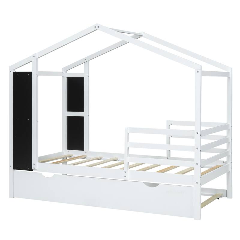 Wood House Bed with Fence and Writing Board