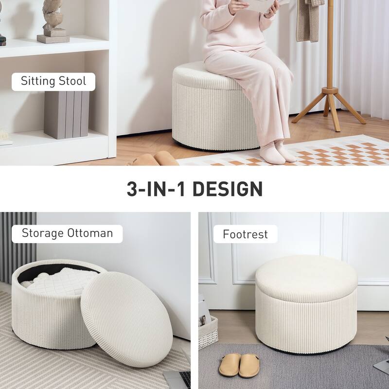 Large Corduroy Storage Ottoman with Hidden 25.6 Gal Compartment and Foam Seat Steel Frame