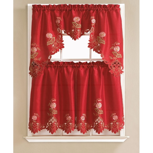 Cindy Flower Embroidered 3-Piece Kitchen Curtain Swag & Tiers Set, Burgundy, 60x36 & 30x36 Inches - N/A