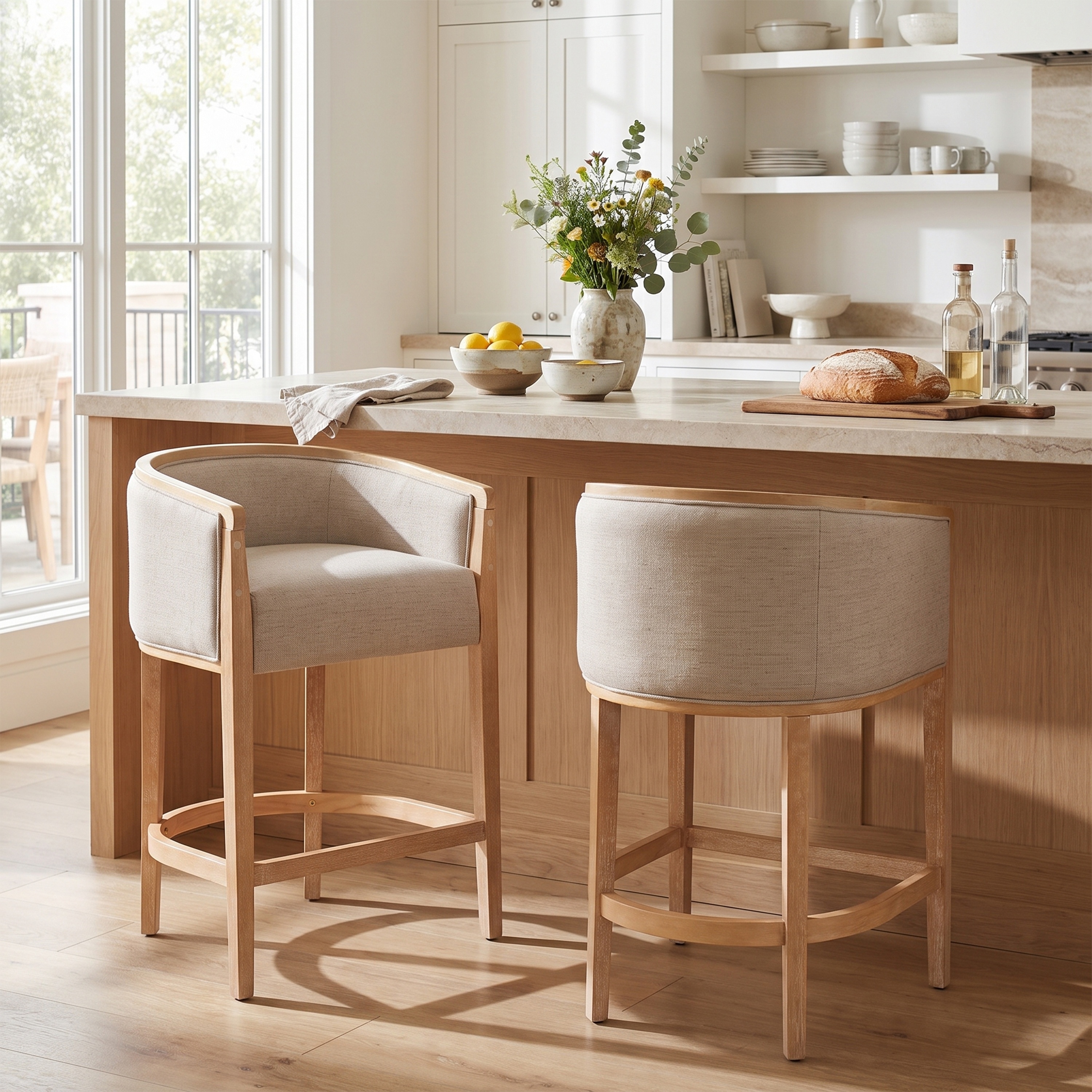 Christopher Knight Home - Set of 2 Counter Height Bar Stools Solid Rubberwood Upholstered Barrel Back Chairs with Footrest