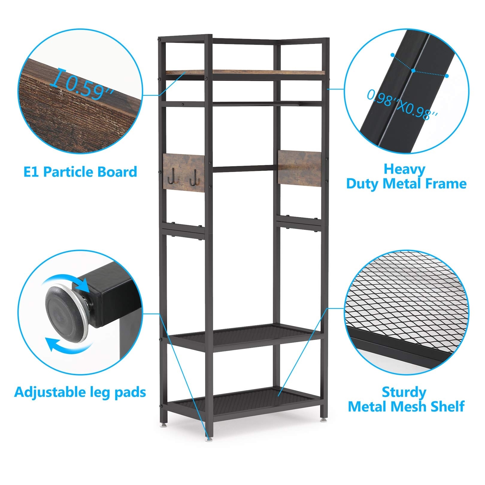 Small Heavy Duty Clothes Rack with Shelf and Hanging Rod Freestanding Closet Organizer Industrial Hall Tree Garments Rack Rustic Brown