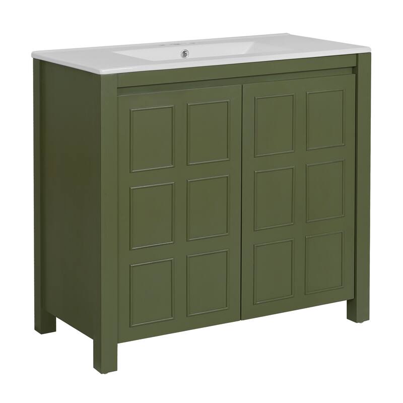 36" Rustic Bathroom Vanity Cabinet with Ceramic Sink -Solid Wood Freestanding Organizer with Soft Close Doors.