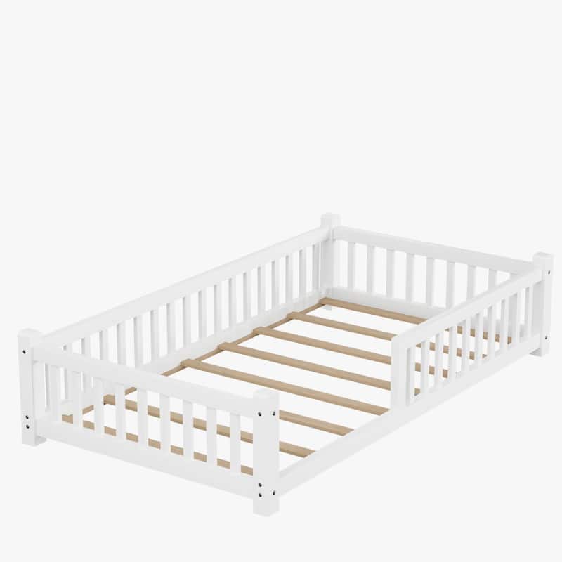 Twin Size Low House Tent Bed with Removable Roof Convertible Floor Bed with Fence, No Door for Kids Boys Girls