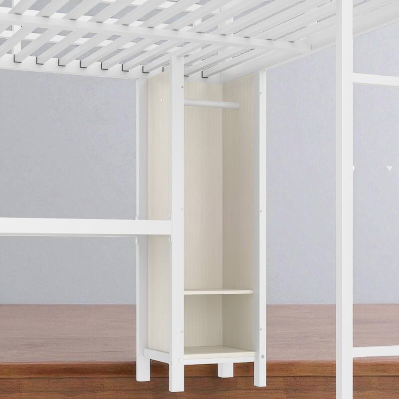 Queen Metal Loft Bed with L-Shaped Desk, Wardrobe, Shelves, Heavy-Duty Frame for Teens Adults