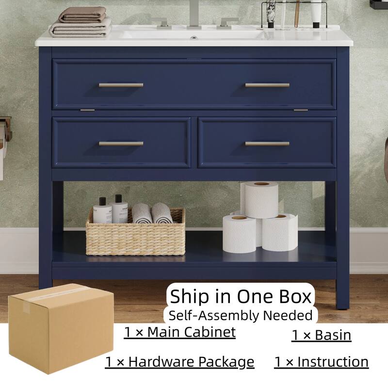 36" Bathroom Vanity with Ceramic Sink, Tip-Out Tray, Full-Extension Drawers, Soft-Close Slides, and Open Shelf