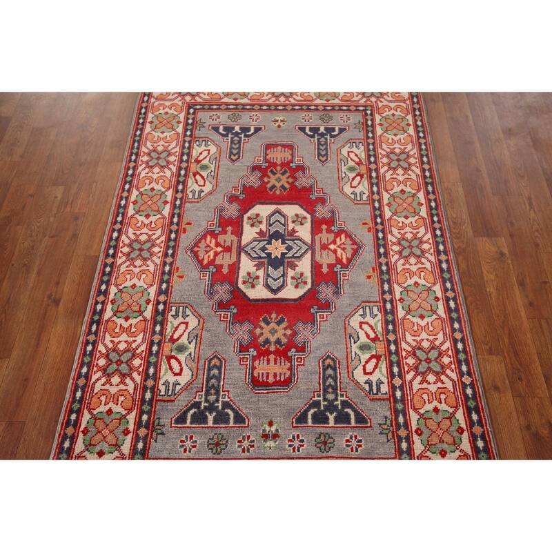 Gray Kazak Foyer Rug Hand-Knotted Wool Carpet - 3'2" x 5'0"