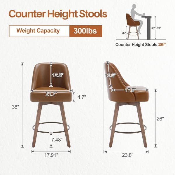 dimension image slide 0 of 7, 26" Counter Height Swivel Bar Stool, Upholstered Counter Stools - 23.8" (D) x 21.7" (W) x 38" (H)