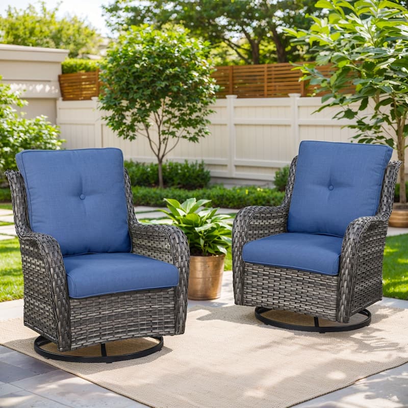 779657388297 Outdoor Swivel Glider Chairs with 4Inch 5Inch 6Inch Cushion - Grey Wicker Blue Cushion - 2 Pieces Swivel Chair with 4 Inch Cushion