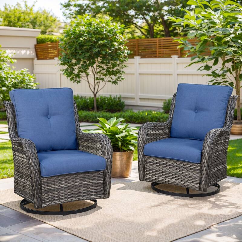 Pocassy Outdoor 4 Inch Swivel Chairs Glider Chairs - Grey Wicker Blue Cushion - 2 Pieces Swivel Chair