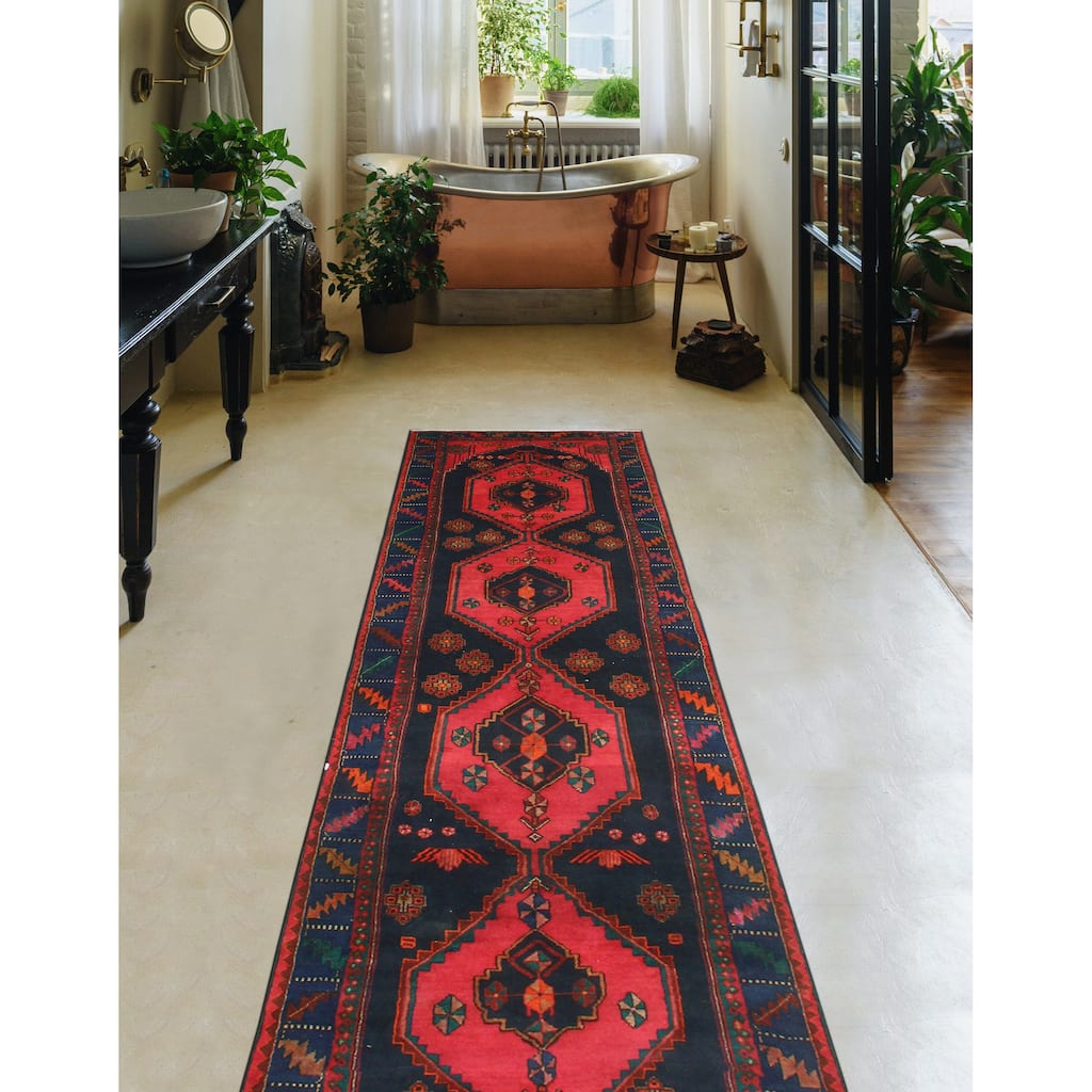 Fine Vintage Distressed Farzana Red/Navy Runner - 3'8" x 12'9"