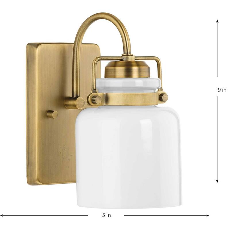 Fessler Collection One-Light Vintage Brass Opal Glass Farmhouse Bath Light - 5 in x 7 in x 9 in