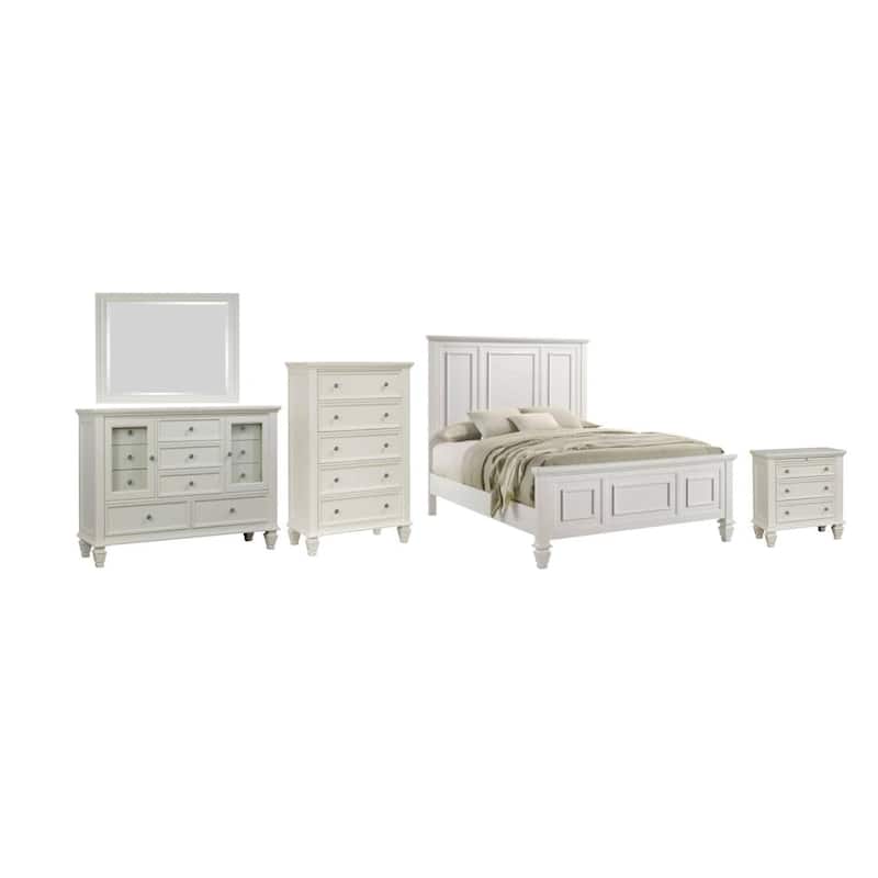 Lila 5 Piece King Bed Set, White Wood Headboard, Vanity Dresser and Chest