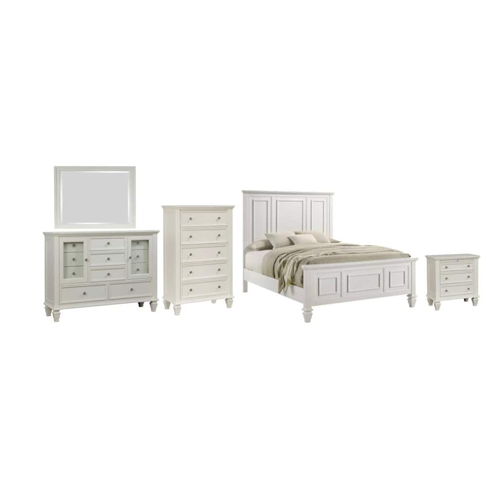 Lila 5 Piece King Bed Set, White Wood Headboard, Vanity Dresser and Chest