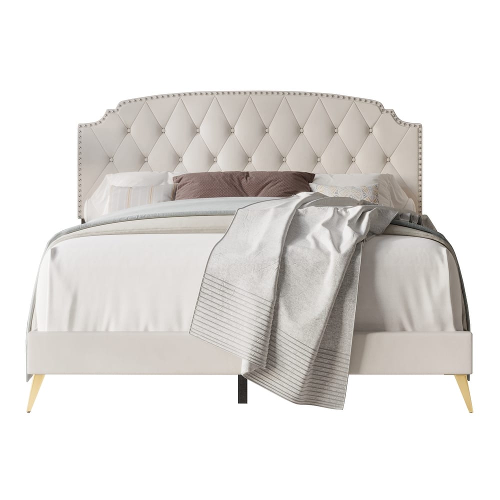 CraftPorch Velvet Button Tufted Upholstered Gold Accent Platform Bed