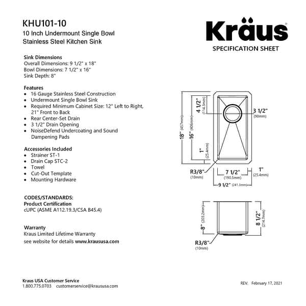 dimension image slide 2 of 8, KRAUS Standart PRO Undermount Single Bowl Stainless Steel Kitchen Sink