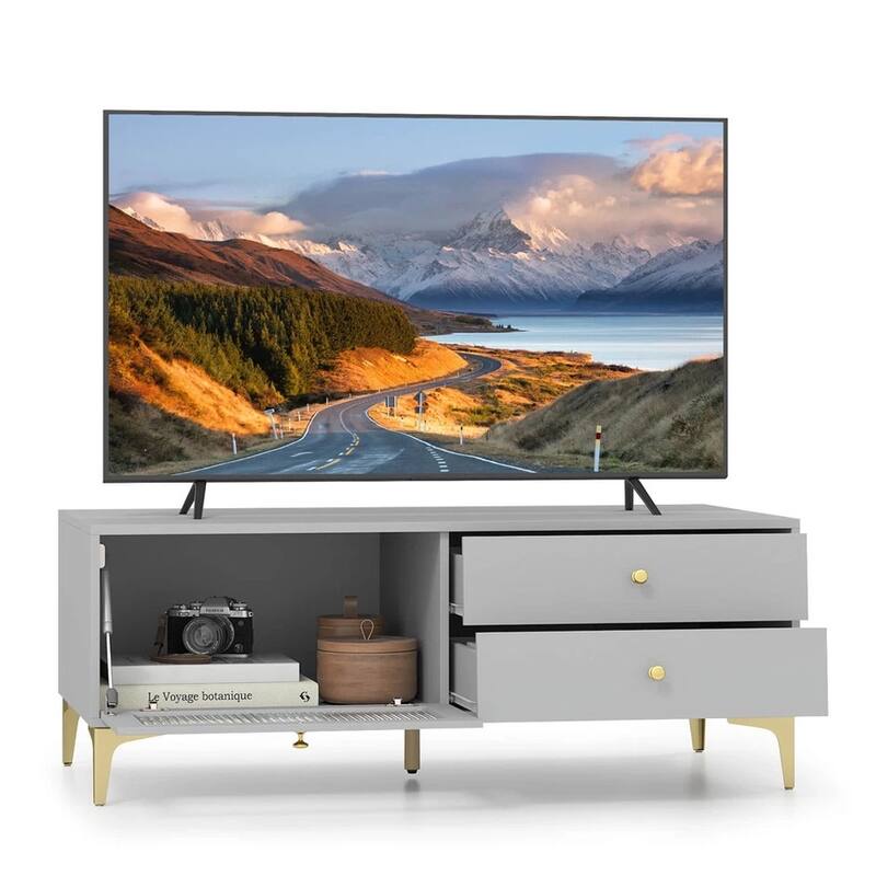 Modern TV Stand for 55" TVs W/ Drop Down Door Cabinet 2 Storage Gray - 47 inches in width