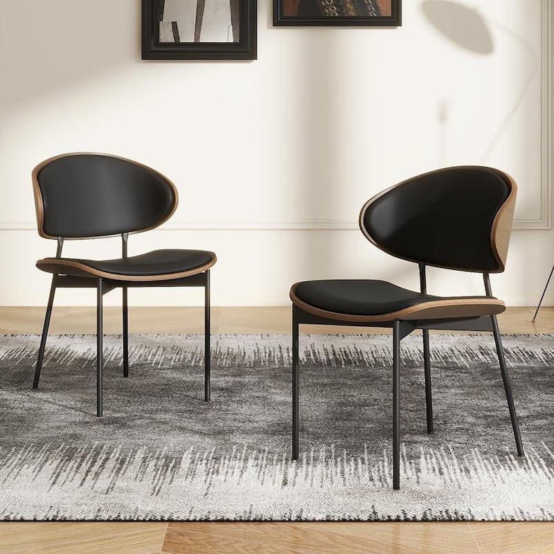 Contemporary Curved Back Dining Chairs Set of 2, Black Leather Side Chairs, Fully Assembled - Set of 2 - Black - Dining Height