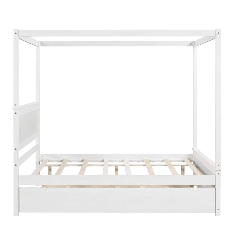 Modern Full Canopy Bed with Trundle, Solid Wood Frame, and Customizable Curtain Rails