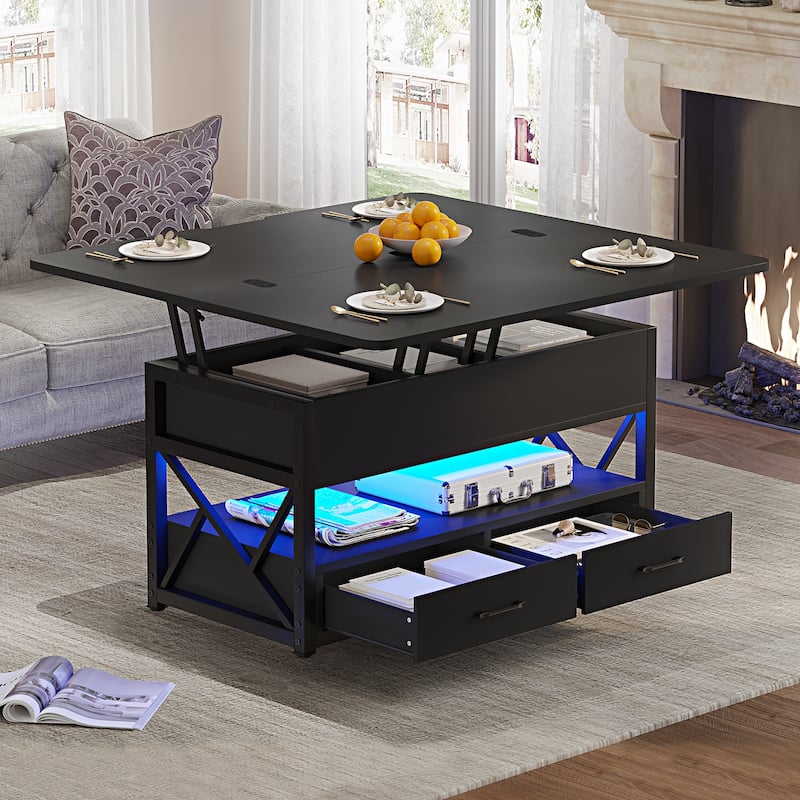 Coffee Table Lift Top 2 Drawers Hidden Compartment for Living Room