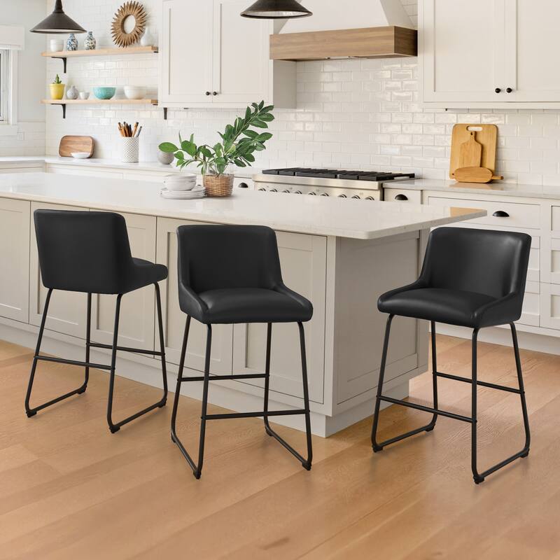 Counter Height Bar Stools with Metal Frame Upholstered Kitchen Island Stool in Faux Leather or Fabric - Black/Faux Leather - Set of 3
