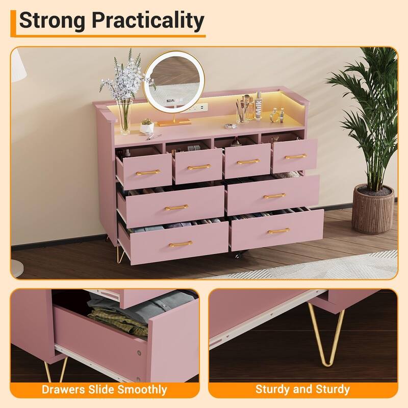 Tall Dresser for Bedroom with Charging Station & RGB Lights - 8 Drawer Wooden